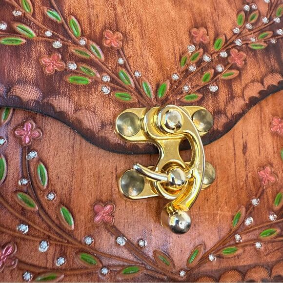 Hand Tooled Leather Boho Hippie Bag Painted Flower Purse Whipstitch - Picture 8 of 12